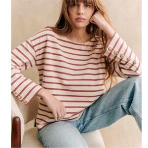 Sezane Sue Mariniere Ecru Striped Rosewood Long Sleeve Top XL